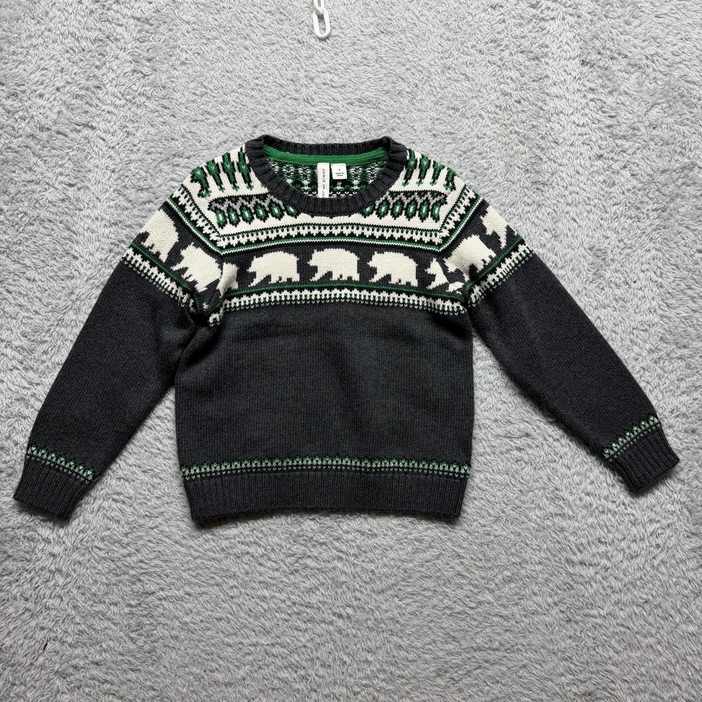Janie and Jack Sweater Boys 4 Gray Green Fair Isle Polar Bear Winter Cabincore